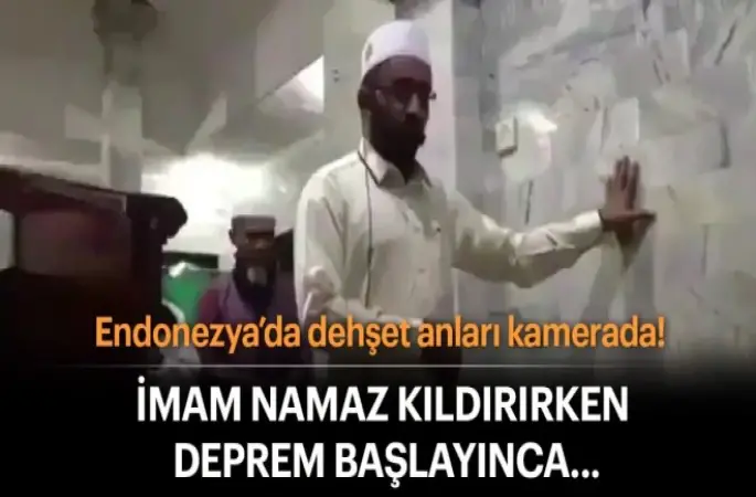 Endonezya'daki 7 büyüklüğündeki deprem esnasında imam ve cemaat namaza böyle devam etti!
