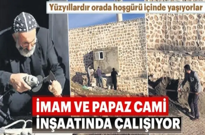 İmam ve papaz, cami inşaatında çalışıyor
